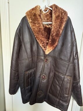 Men's Brown Leather Shearling Jacket with Faux Fur Collar genuine leather